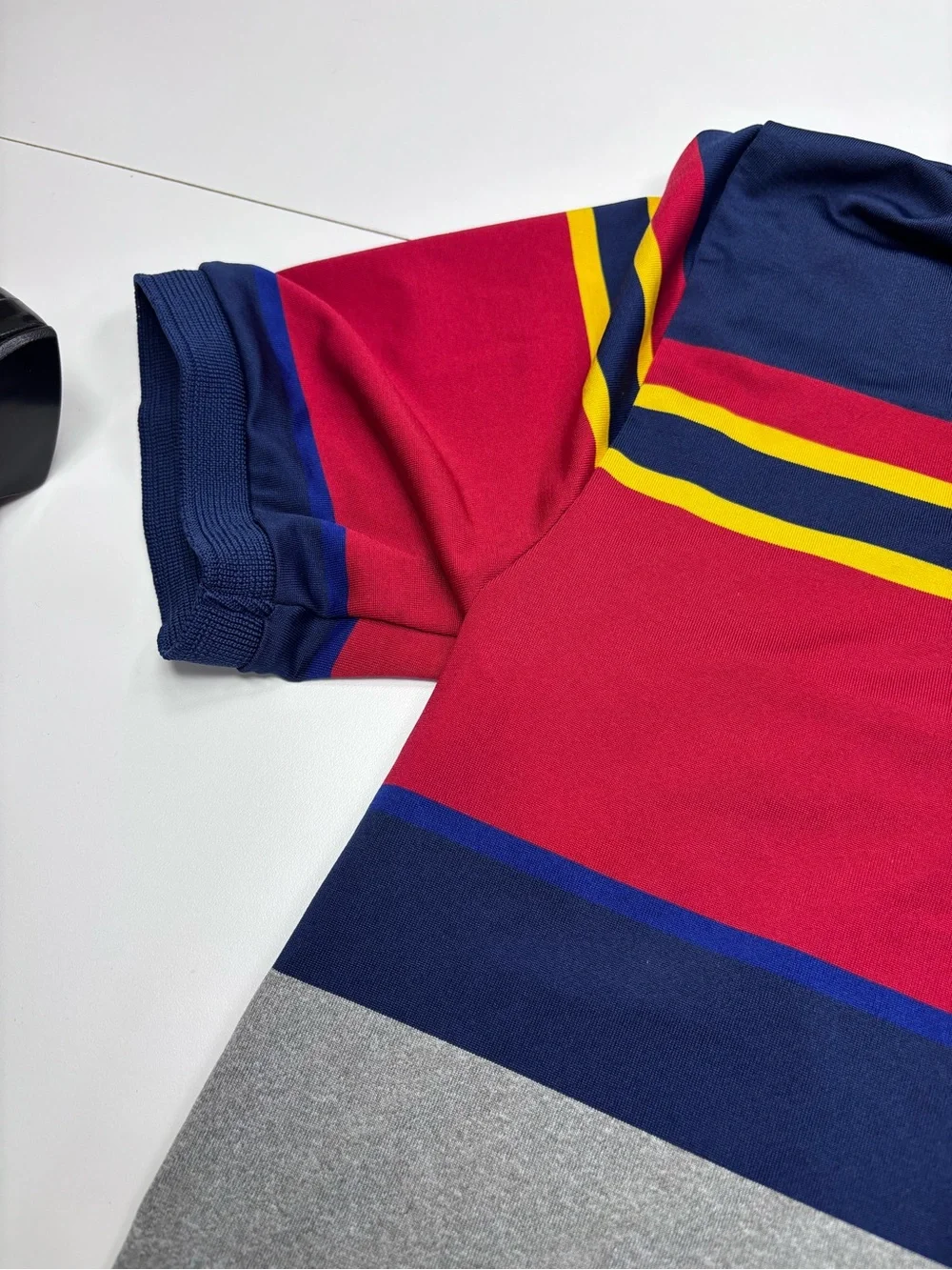 Ralph Lauren Navy, Red, Gray & Yellow Striped Polo EUC  Child Size L